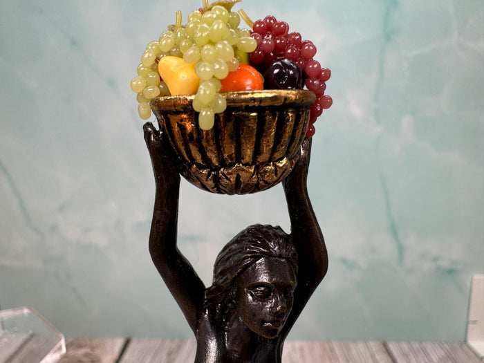 Artisan Handmade Brass Woman Holding Fruit Bowl Statue Decorative