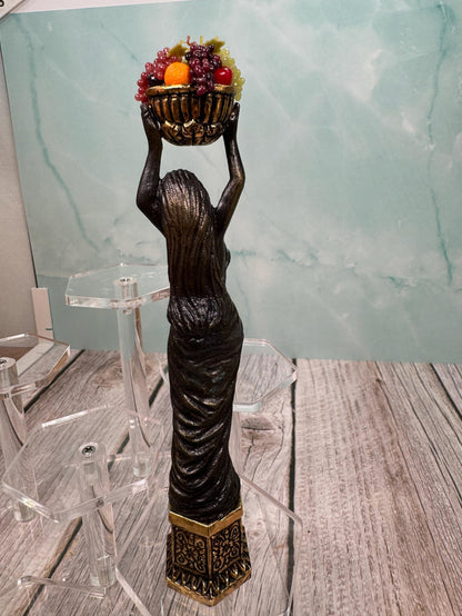 Artisan Handmade Brass Woman Holding Fruit Bowl Statue Decorative