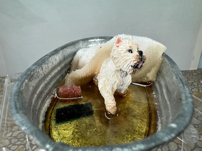Artisan Handmade OOAK Terrier Dog In Outdoor Bath Tub