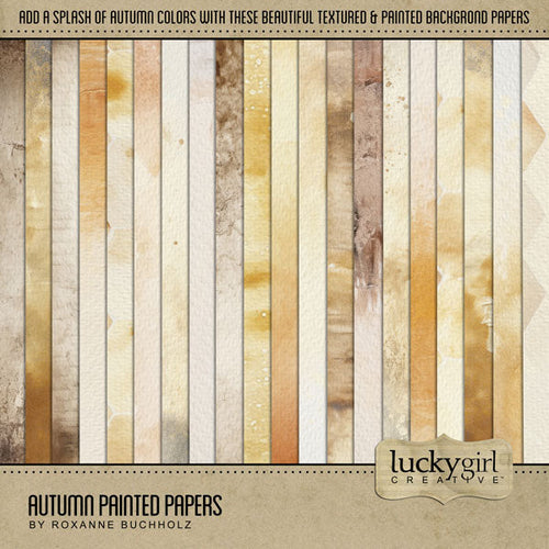 Add beautiful painted background papers by Lucky Girl Creative digital art to all your seasonal fall and autumn digital scrapbooking pages! In hues of orange, yellow, and brown, the textures add so much warmth and depth to all your memory keeping projects. Great for Halloween, Thanksgiving, corn maze, and pumpkin patch adventures! This kit is included in the Autumn Painted Papers & Overlays Kit.