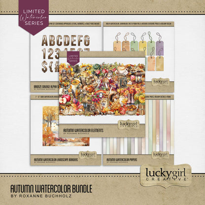 Accent your seasonal fall and autumn projects with these semi-transparent watercolor embellishments, watercolor papers, tags, landscape borders, and bronze grunge alpha set by Lucky Girl Creative digital art for digital scrapbooking. Great for Halloween, Thanksgiving, corn mazes, pumpkin patches, and outdoor and nature adventures. Embellishments include acorn, Canadian goose, chipmunk, fox, squirrel, animal, kitty cat, owl, deer, stag, apple, briefcase, basket of leaves, leaf, berry, raspberry, and book.