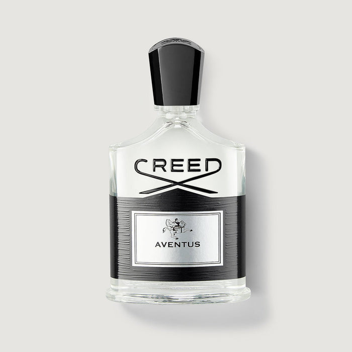 Creed Aventus 100ml Eau de Parfum - Clear Glass Bottle, Black Cap, Front View | Creed Fragrances