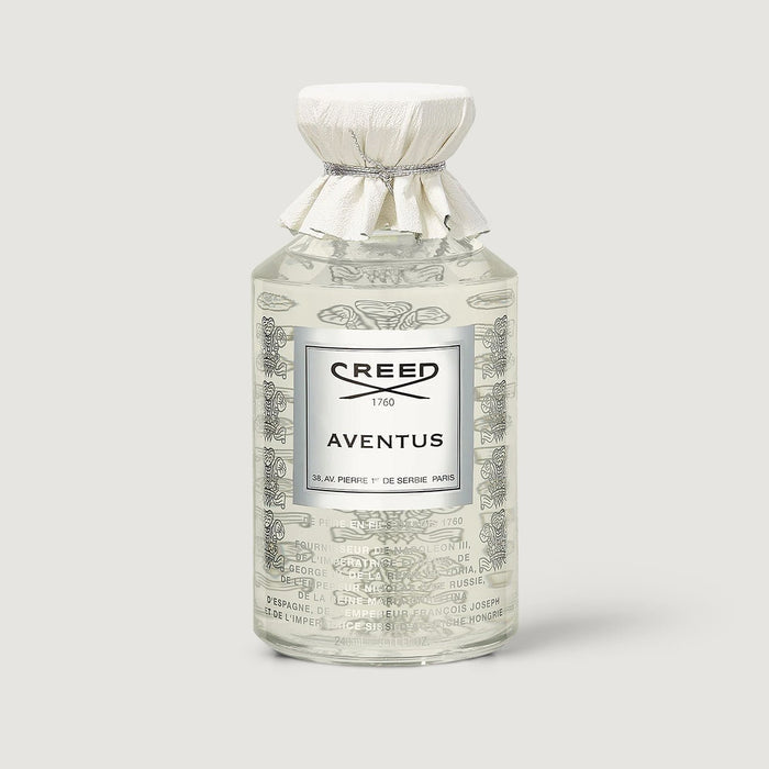 Creed Aventus 240ml Flacon - Engraved Glass, White Leather Cap, Heritage Label, Front View | Creed Fragrances