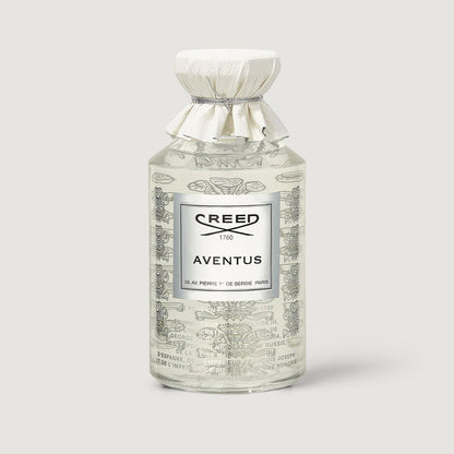 Creed Aventus 240ml Flacon - Engraved Glass, White Leather Cap, Heritage Label, Front View | Creed Fragrances