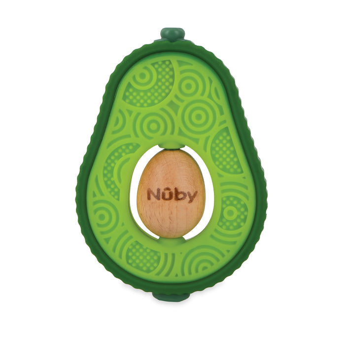 The Avocado Muncher Wood and Silicone Teether is a green, avocado-shaped baby teether featuring textured silicone patterns and a removable wooden pit with the Nûby brand name engraved in the center.
