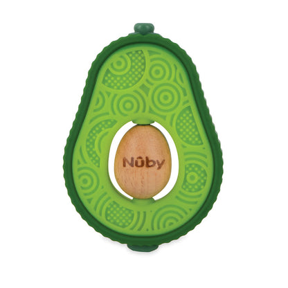 The Avocado Muncher Wood and Silicone Teether is a green, avocado-shaped baby teether featuring textured silicone patterns and a removable wooden pit with the Nûby brand name engraved in the center.