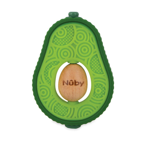 The Avocado Muncher Wood and Silicone Teether is a green, avocado-shaped baby teether featuring textured silicone patterns and a removable wooden pit with the Nûby brand name engraved in the center.