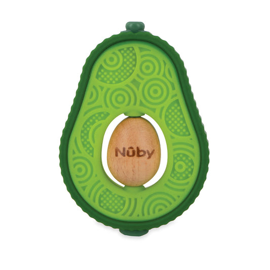 The Avocado Muncher Wood and Silicone Teether is a green, avocado-shaped baby teether featuring textured silicone patterns and a removable wooden pit with the Nûby brand name engraved in the center.