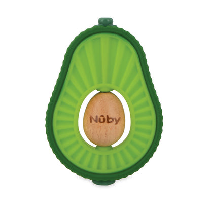 The Avocado Muncher Wood and Silicone Teether features a green, textured silicone exterior for little hands and a wooden center pit engraved with Nûby.