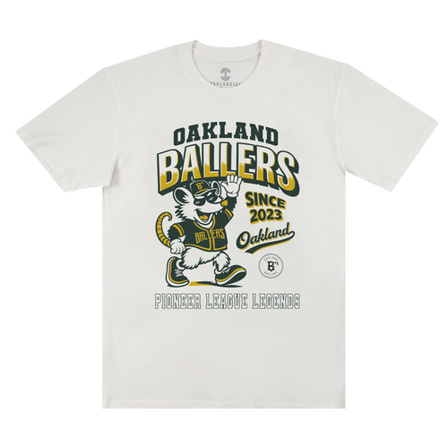 The Ballers Heritage Tee by Oakland Ballers features a cartoon mouse in an Oakland Ballers uniform, waving. The shirt displays the text: “OAKLAND BALLERS SINCE 2023 Oakland PIONEER LEAGUE LEGENDS.” Designed in yellow, green, and black, this tee celebrates the spirit of the Oakland baseball team.