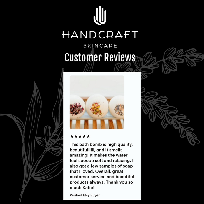 black background with white flower and a five star customer reviews on why they recommend the bath bombs