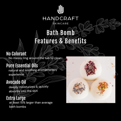black background with white flower stating the features and benefits of ingredients in the natural bath bombs such as avocado oil to help moisturize dry skin