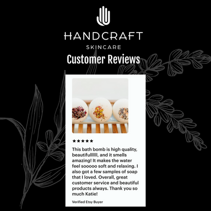 black background with white flower and a five star customer review on why they recommend the bath bomb