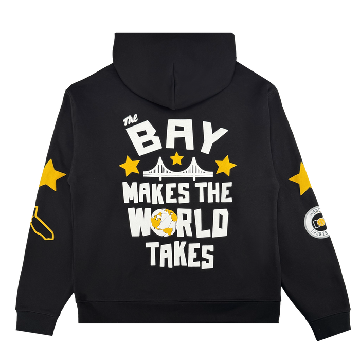 The Bay Bridge Hoodie By DOC V2 by Oaklandish, from The Bay Collection, has "THE BAY MAKES THE WORLD TAKES" on the back, three yellow stars, Golden Gate Bridge and basketball graphics, plus sleeve star and circular patch details.