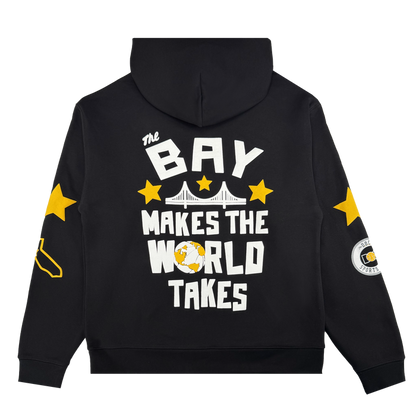 The Bay Bridge Hoodie By DOC V2 by Oaklandish, from The Bay Collection, has "THE BAY MAKES THE WORLD TAKES" on the back, three yellow stars, Golden Gate Bridge and basketball graphics, plus sleeve star and circular patch details.