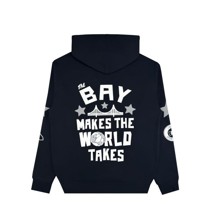 Sure! Here’s a rewritten sentence using your product data: The Bay Bridge Hoodie by DOC (Other) is a black pullover ideal for Bay Area weather, showcasing a striking back design of a bridge, stars, and the phrase “The Bay Makes The World Takes” in bold white lettering—with the “O” in “WORLD” cleverly replaced by a globe illustration. Both sleeves are adorned with patches bearing unique symbols.