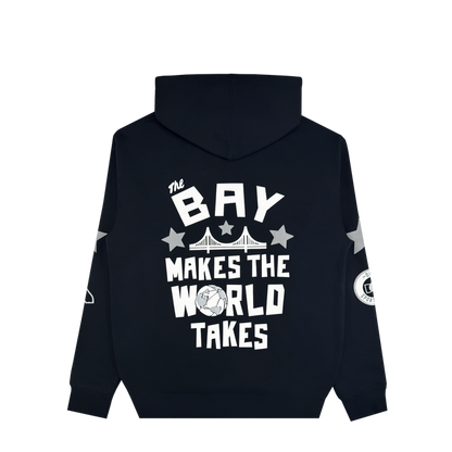 Sure! Here’s a rewritten sentence using your product data: The Bay Bridge Hoodie by DOC (Other) is a black pullover ideal for Bay Area weather, showcasing a striking back design of a bridge, stars, and the phrase “The Bay Makes The World Takes” in bold white lettering—with the “O” in “WORLD” cleverly replaced by a globe illustration. Both sleeves are adorned with patches bearing unique symbols.