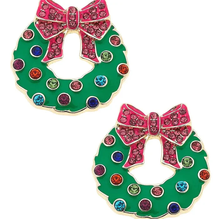 Gold rhinestone bejeweled Christmas wreath earrings for Christmas gift from Magnolias Home Decor