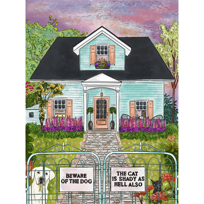 The Beware of the Dog... | 1,000 Piece Jigsaw Puzzle by Ellembee gift features a blue house with flowers, playful pet signs, and animals at the gate. Made with recycled paper and no AI art—just quality craftsmanship for puzzle lovers!.