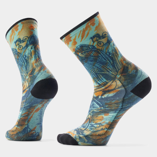 Colorful socks with nature-themed design on a white background