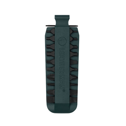 Forest Green Leatherman bit kit holder with multiple interchangeable screwdriver bits arranged on both sides, featuring the Leatherman logo embossed in the center.