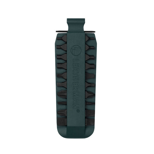 Forest Green Leatherman bit kit holder with multiple interchangeable screwdriver bits arranged on both sides, featuring the Leatherman logo embossed in the center.