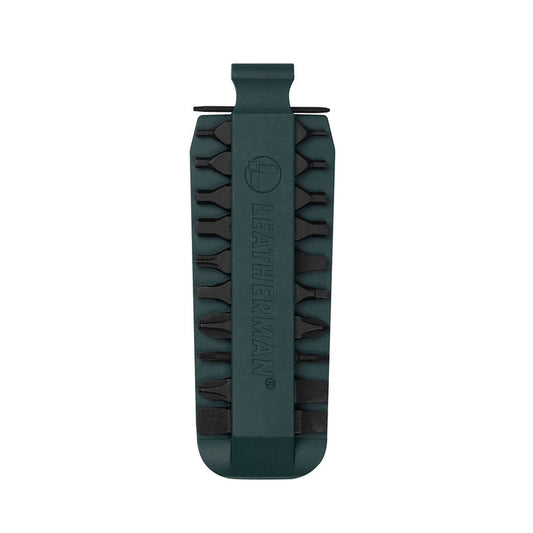 Forest Green Leatherman bit kit holder with multiple interchangeable screwdriver bits arranged on both sides, featuring the Leatherman logo embossed in the center.