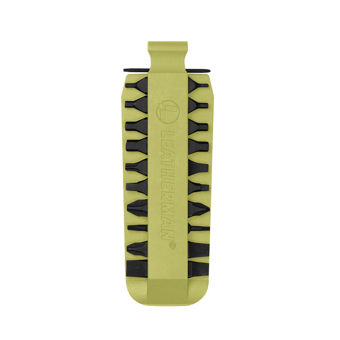 Mojito Leatherman bit kit holder with multiple interchangeable screwdriver bits arranged on both sides, featuring the Leatherman logo embossed in the center.