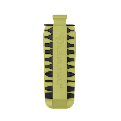 Mojito Leatherman bit kit holder with multiple interchangeable screwdriver bits arranged on both sides, featuring the Leatherman logo embossed in the center.
