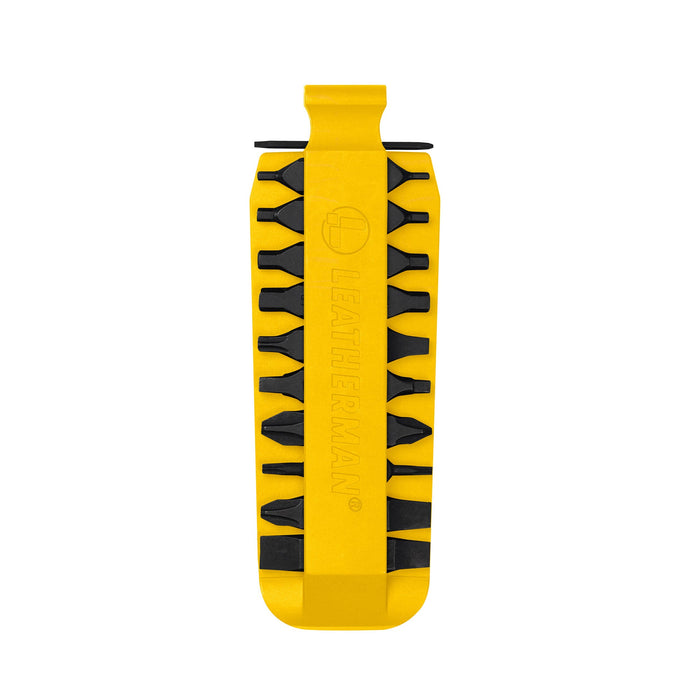 Yellow Leatherman bit kit holder with multiple interchangeable screwdriver bits arranged on both sides, featuring the Leatherman logo embossed in the center.