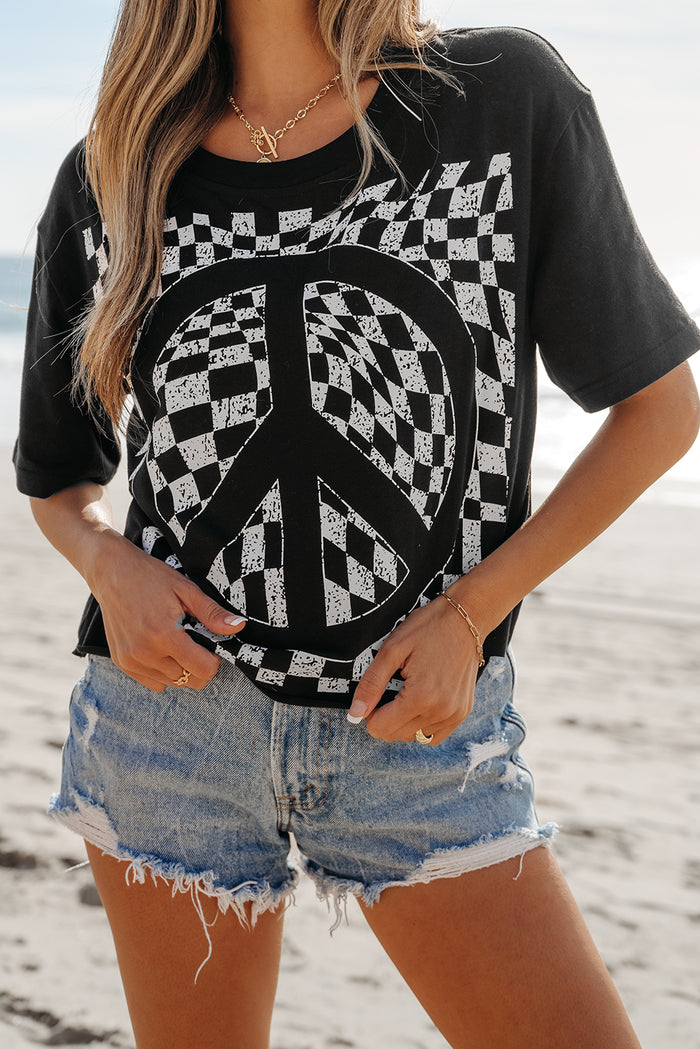 Black Checkerboard Peace Sign Printed Round Neck T Shirt 🇺🇸
