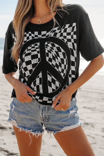 Black Checkerboard Peace Sign Printed Round Neck T Shirt 🇺🇸