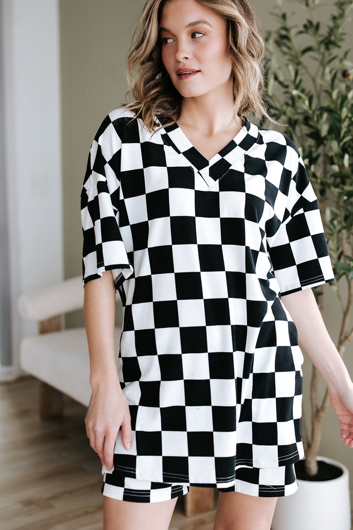 Black Checkerboard Print V Neck Loose Tee and Shorts Lounge Set 🇺🇸