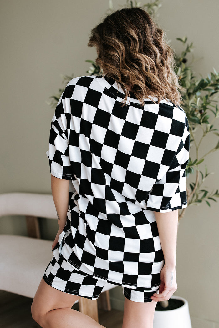 Black Checkerboard Print V Neck Loose Tee and Shorts Lounge Set 🇺🇸