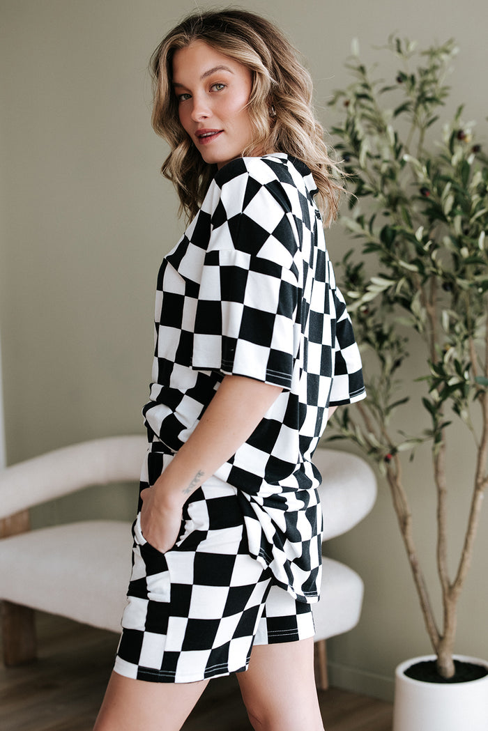 Black Checkerboard Print V Neck Loose Tee and Shorts Lounge Set 🇺🇸