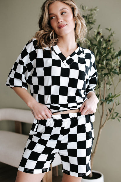 Black Checkerboard Print V Neck Loose Tee and Shorts Lounge Set 🇺🇸