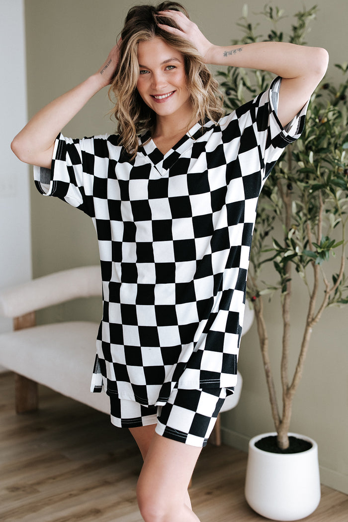 Black Checkerboard Print V Neck Loose Tee and Shorts Lounge Set 🇺🇸