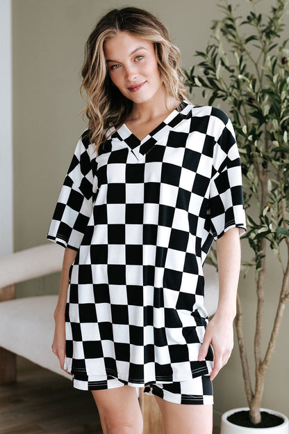Black Checkerboard Print V Neck Loose Tee and Shorts Lounge Set 🇺🇸