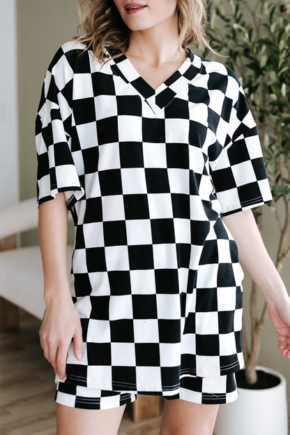 Black Checkerboard Print V Neck Loose Tee and Shorts Lounge Set 🇺🇸