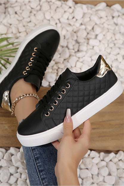 Black Color Contrast Quilted Lace-up Sneakers 🇺🇸