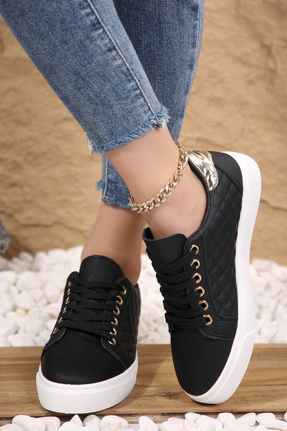 Black Color Contrast Quilted Lace-up Sneakers 🇺🇸