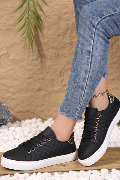 Black Color Contrast Quilted Lace-up Sneakers 🇺🇸