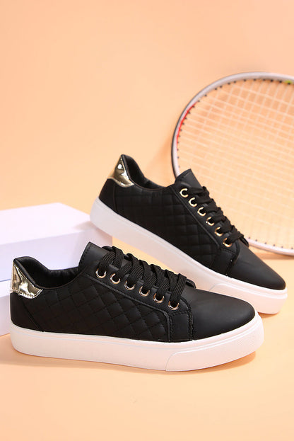 Black Color Contrast Quilted Lace-up Sneakers 🇺🇸