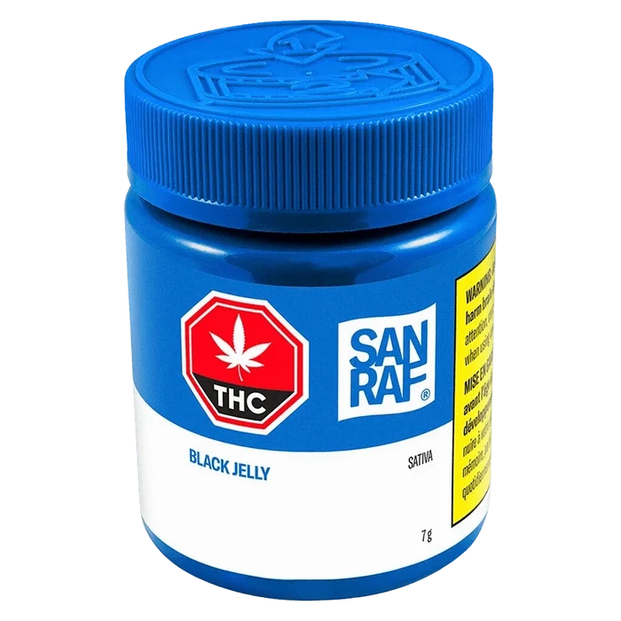 Close-up front view of the blue SAN RAF Black Jelly jar with a ribbed lid, THC symbol, and white product label.