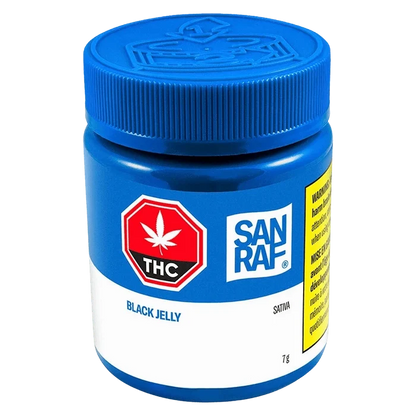 Close-up front view of the blue SAN RAF Black Jelly jar with a ribbed lid, THC symbol, and white product label.