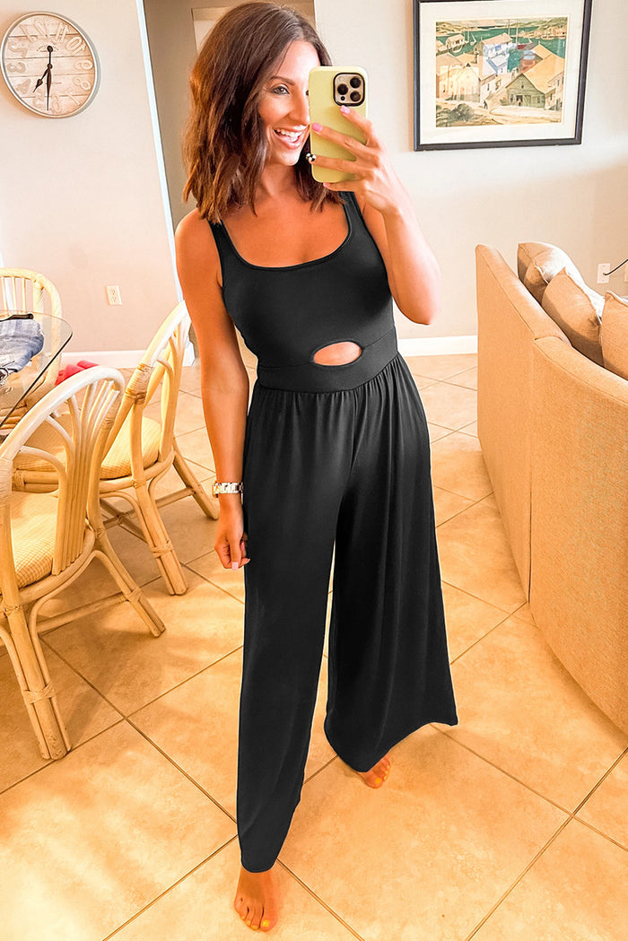 Black Peekaboo Wide Leg Square Neck Sleeveless Jumpsuit 🇺🇸