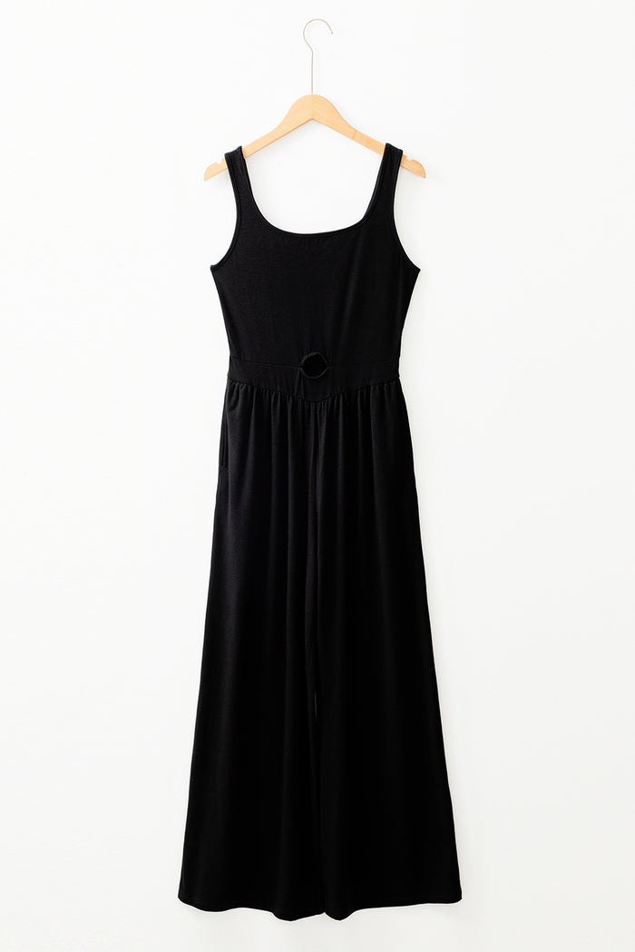 Black Peekaboo Wide Leg Square Neck Sleeveless Jumpsuit 🇺🇸