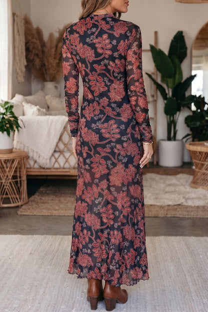 Black Retro Floral Print Long Sleeve Casual Mesh Dress 🇺🇸