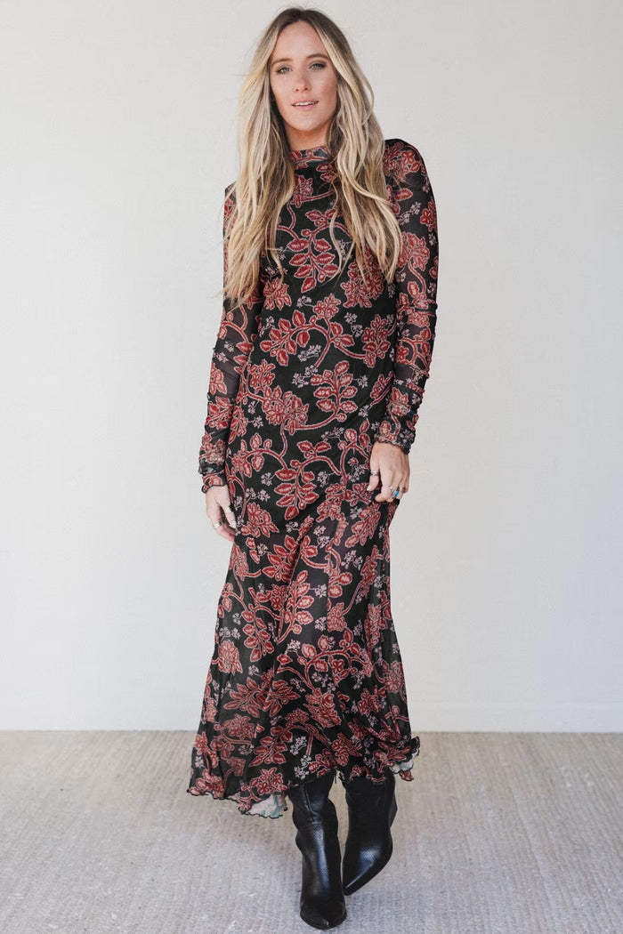 Black Retro Floral Print Long Sleeve Casual Mesh Dress 🇺🇸