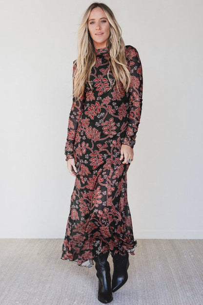 Black Retro Floral Print Long Sleeve Casual Mesh Dress 🇺🇸